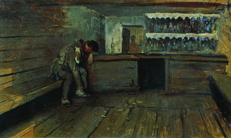 Рябушкин А.П. «Кабак». 1891 г. Картон, масло. 39 x 64 см. Государственная Третьяковская галерея, Москва, Россия.