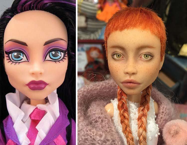 Художница наносит новый макияж куклам, делая их лица максимально реалистичными