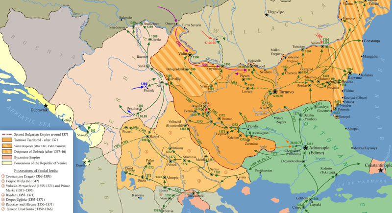 Карта Балкан в 1370-х. Сербия показана единой, однако в действительности она была разделена на 5 крупных владений.