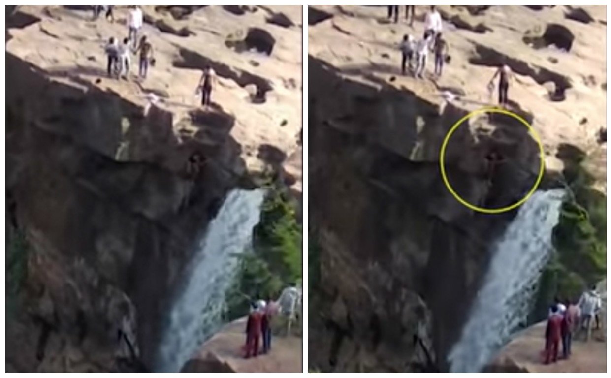 Падение с водопада. Человек упал с водопада. Индус около водопада.