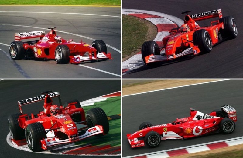 Вверху слева – Ferrari F1-2000 (17 Гран При, 10 побед, 10 поул-позиций); вверху справа – Ferrari F2001 (20 ГП, 10 П, 13 ПП); внизу слева – Ferrari F2002 (19 ГП, 15 П, 11 ПП); внизу справа – Ferrari F2003-GA (12 ГП, 7 П, 5 ПП).