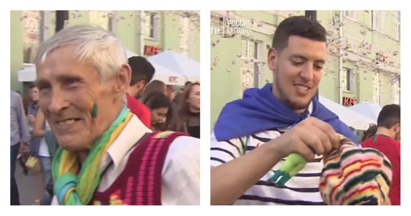 Юрий Белов вяжет и дарит футбольным фанатам сувениры на память о чемпионате мира: видео