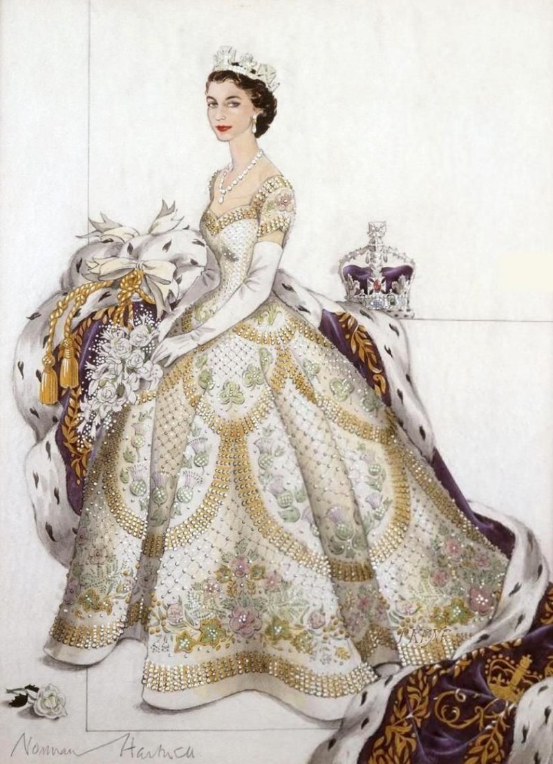 Портрет Елизаветы в коронационном платье из белого атласа.