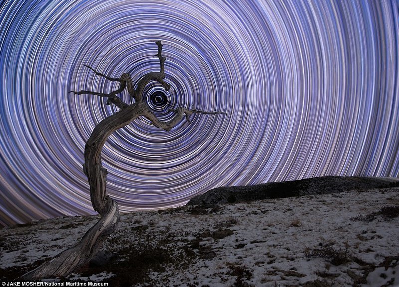 Звездный тайм-лапс с полярной звездой по центру. Джейк Мошер, США