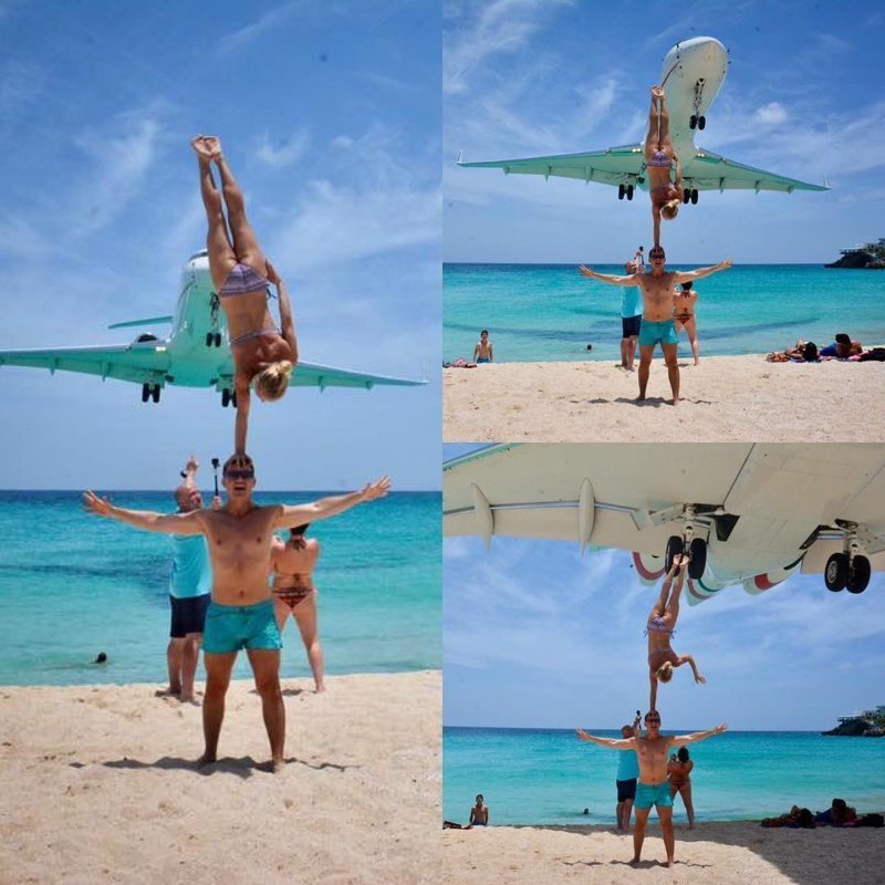 Туристы выполнили акробатический трюк в паре метров от пролетающего самолета