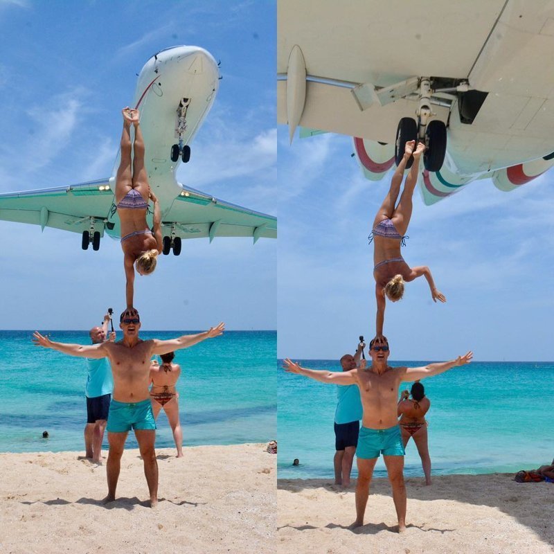 Туристы выполнили акробатический трюк в паре метров от пролетающего самолета