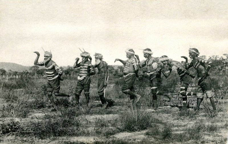 Мужчины племени Нунгар, исполняющие танец "эму", Перт, Западная Австралия, 1905 г.