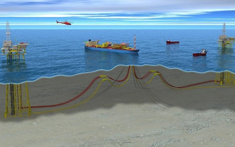 Схема расположения крупной плавучей системы нефтедобычи, хранения и выгрузки «Maersk Peregrino» между двумя буровыми платформами
