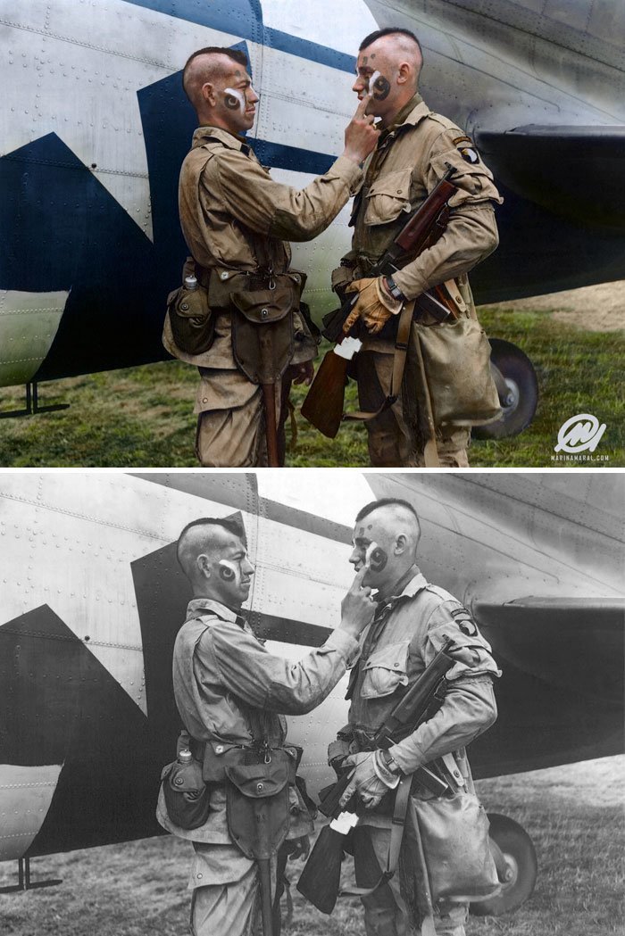 Боец парашутно-десантного полка наносит боевую раскраску на лицо Чарльза Плаудо, Англия, 31 декабря 1943 года