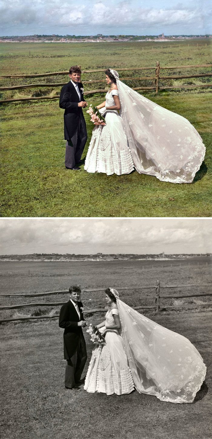 Джон Фицджеральд Кеннеди и Жаклин Кеннеди в день своей свадьбы, 12 сентября 1953 год
