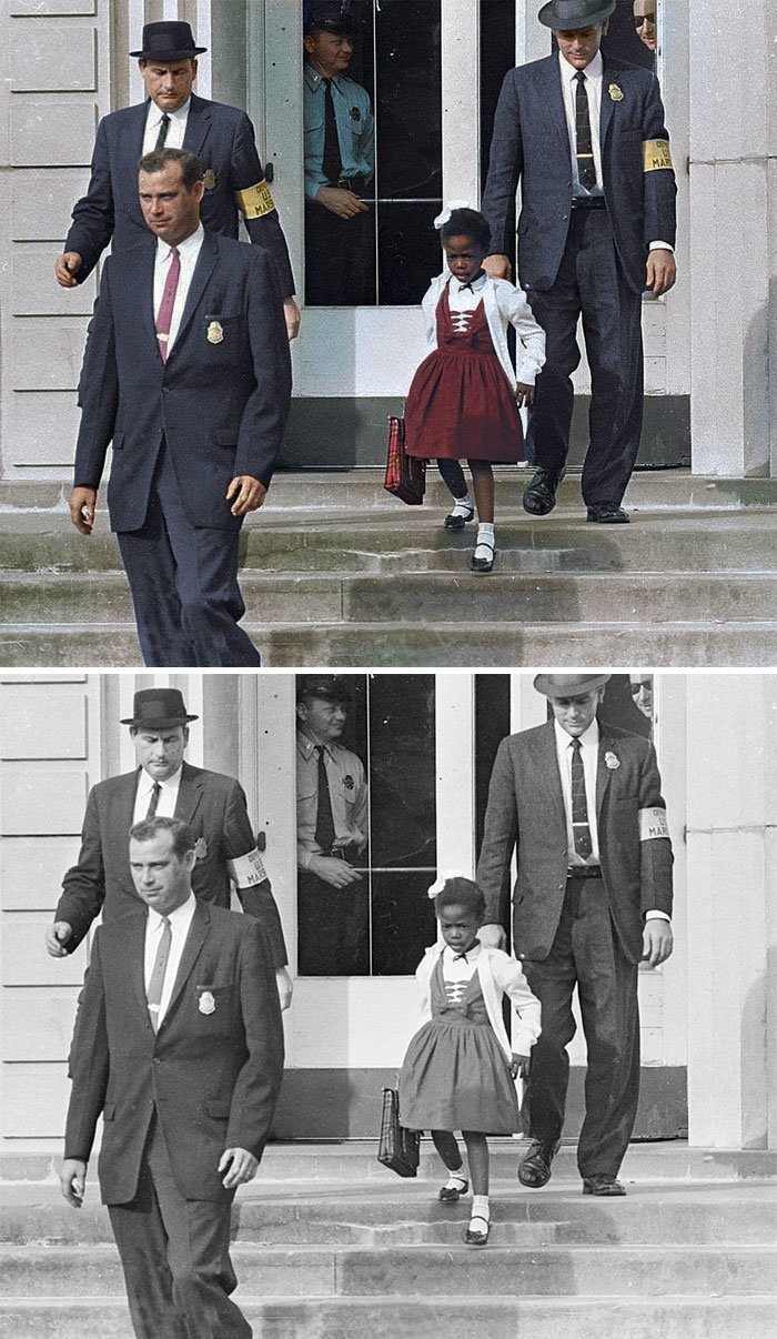 Руби Бриджес направляется в школу для белых в сопровождении федеральных маршалов, 1960 год