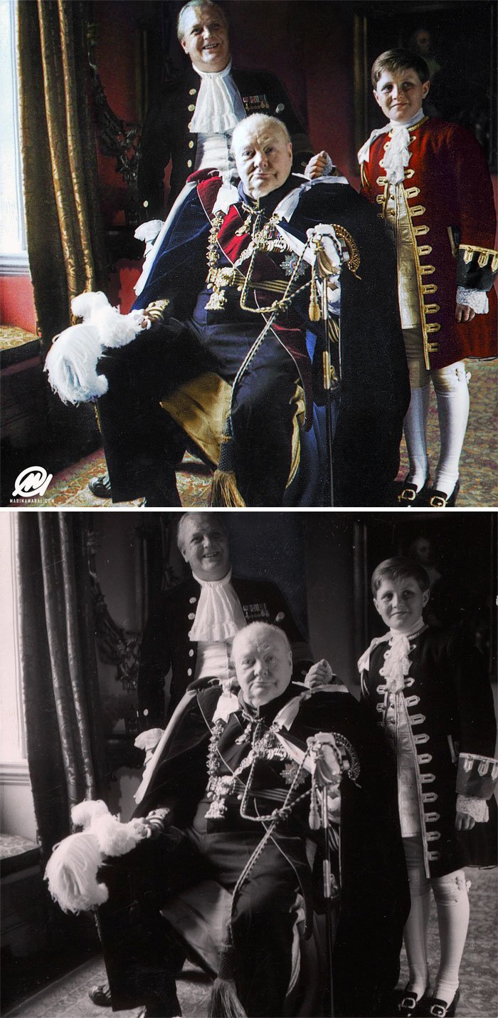 Уинстон Черчилль, его сын Рэндольф и внук Уинстон в день коронации Елизаветы II, 1953 год