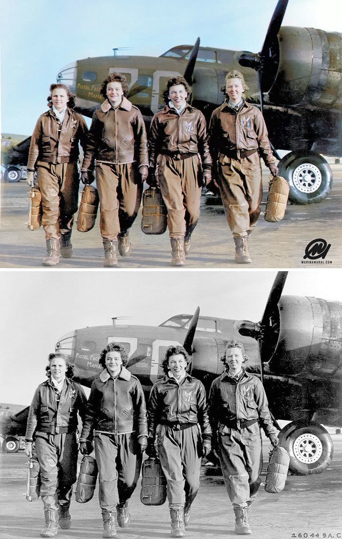 Четыре женщины-пилота, покидающие свой самолет "Мамочка при стволе" в авиашколе на аэродроме Локборн, Огайо, 1944 год