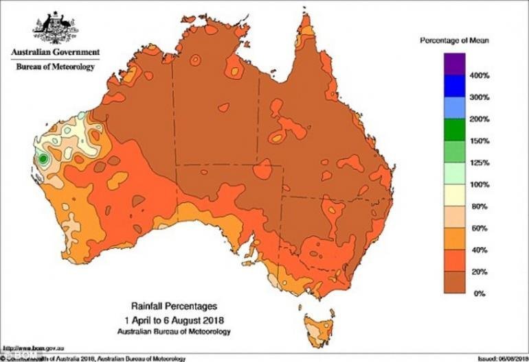 На карте показано резкое снижение уровня осадков в Австралии с апреля по август 2018 года