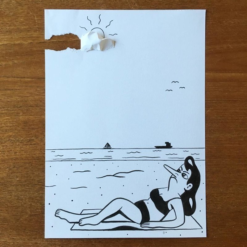 Художник переносит свои рисунки в реальную жизнь, играя с простыми листиками бумаги