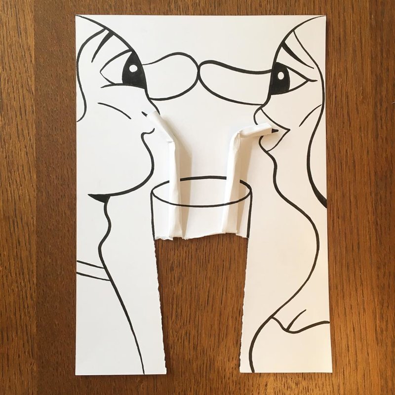 Художник переносит свои рисунки в реальную жизнь, играя с простыми листиками бумаги
