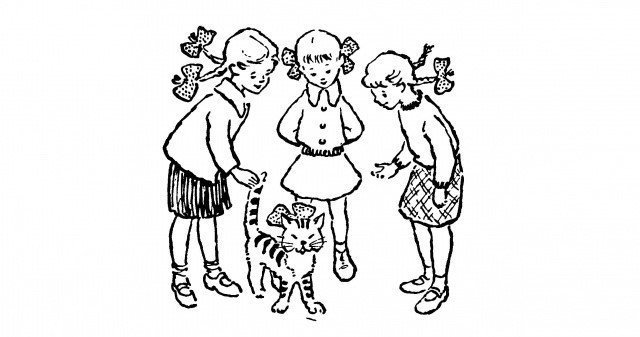 3. На рисунке три подружки: Ира, Таня и Галя. С ними кот Мурзик. Только вот чей он? Кто хозяйка Мурзика?