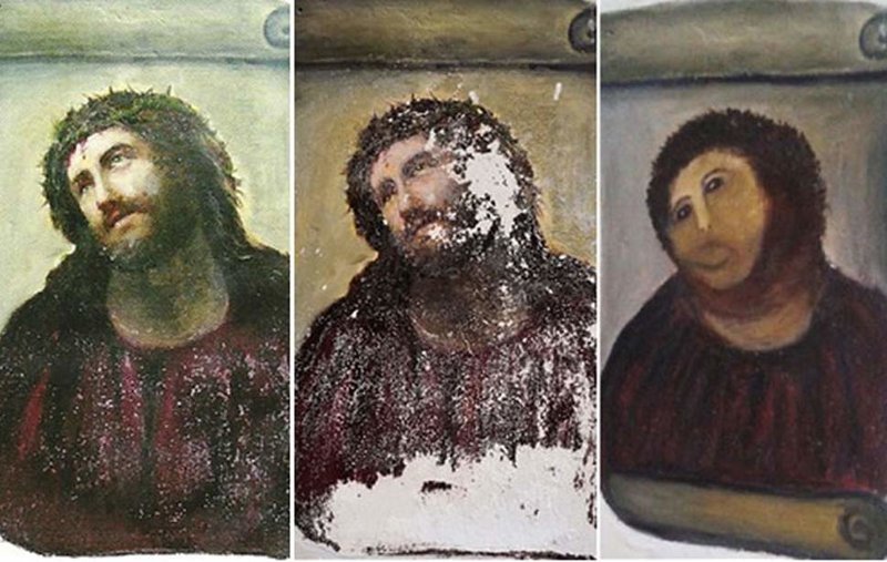 "Пушистый Иисус" - фреска до и после реставрации