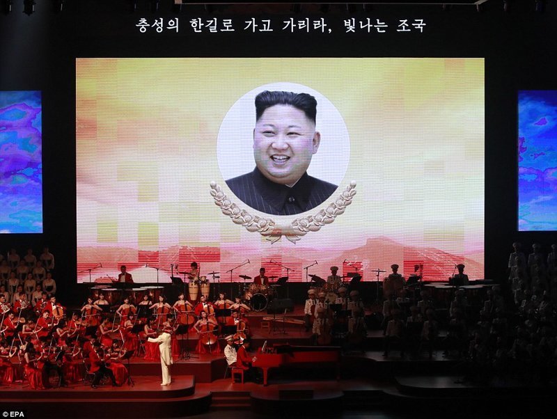 За спиной у музыкантов оркестра на огромный экран проецировались изображения национального лидера Ким Чен Ина и государственной символики