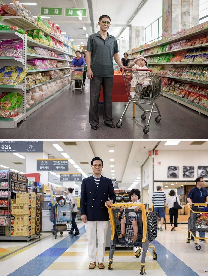 Вверху — 34-летний мужчин позирует со своей дочерью в супермаркете в Пхеньяне. Внизу — 35-летний мужчина со своим сыном в супермаркете Бунданг-гу, недалеко от Сеула