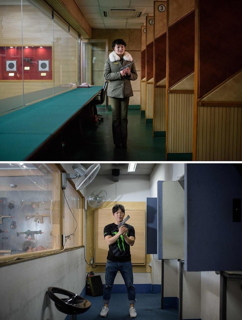 Вверху — инструктор по стрельбе позирует на стрельбище в Пхеньяне, где и работает. Внизу — инструктор по стрельбе в Сеуле