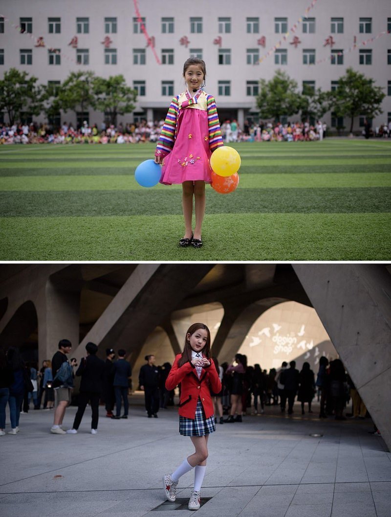 Верхнее фото — 9-летняя девочка позирует для портрета после выступления на празднике в Пхеньяне, посвященном Всемирному дню ребенка. Внизу — 10-летняя девочка после выступления на Неделе моды в Сеуле