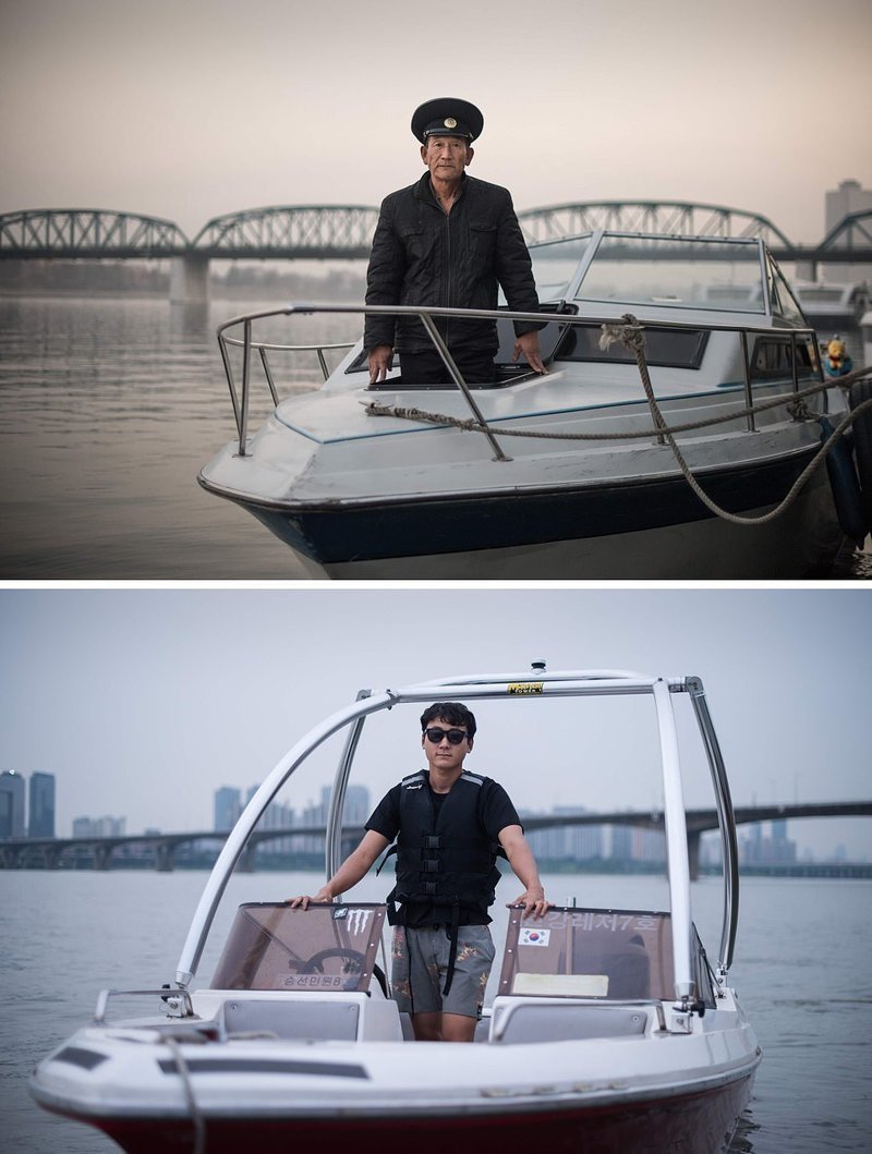 Вверху — мужчина в туристической лодке на реке Тэдонган, Северная Корея. Внизу — мужчина в своей лодке для водного спорта, Южная Корея