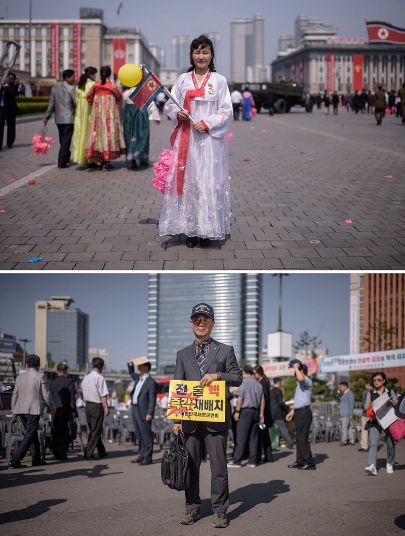 Вверху — женщина позирует во время военного парада в Пхеньяне, внизу — контр-адмирал в отставке держит плакат во время митинга, где выступают за дислокацию тактического ядерного оружия США на территории Южной Кореи