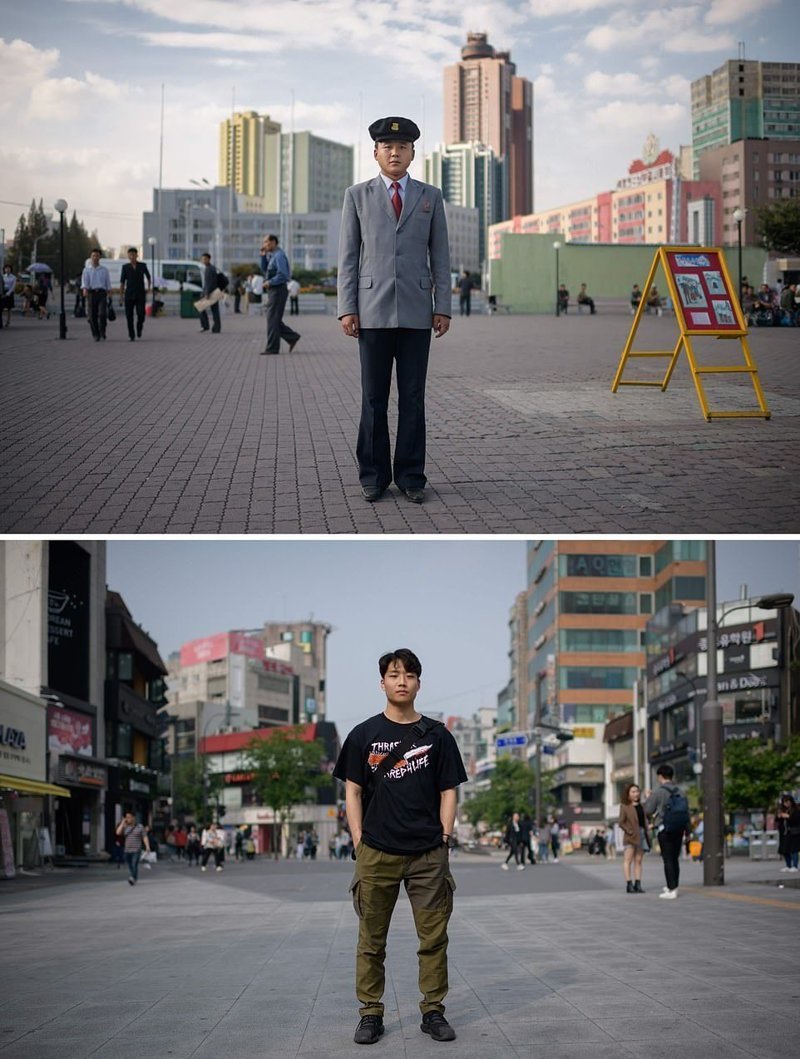 Вверху — северокорейский студент на площади в Пхеньяне. Внизу — студент в районе Синчон, Сеул