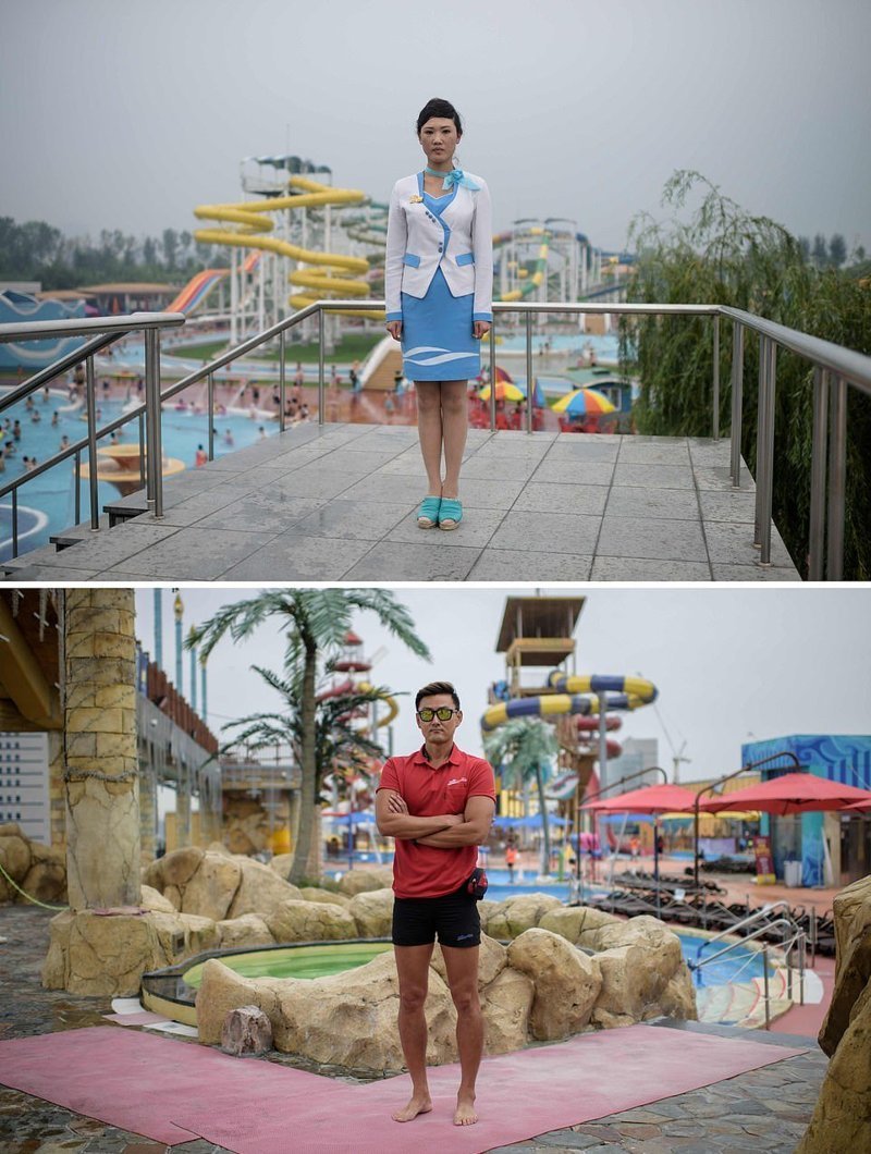 Вверху — портрет девушки в водном парке Мансу в Пхеньяне, внизу — портрет спасателя в водном парке в Илсан-гу, Южная Корея