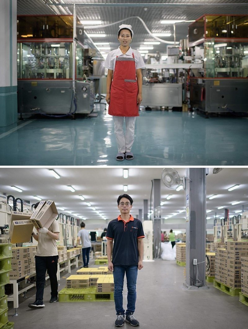 Вверху — Работница фабрики по производству стоматологического оборудования, Северная Корея, внизу — работник завода упаковочных материалов