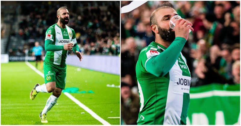 Шведский футболист забил красивый гол и выпил пива со стакана, запущенного с трибун