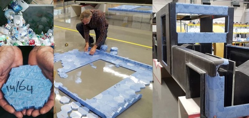 Перемолотые пластиковые бутылки послужили сырьём для 3D-принтера, на котором было напечатано 4000 шестиугольников HexCore. Из них авторы вездехода собрали корпус.