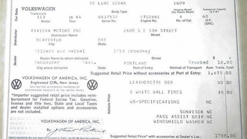 Новый Volkswagen Beetle 1964 года хотят продать за миллион долларов