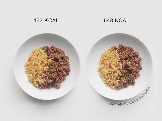 10. Количество еды на тарелках одинаковое, а за разницу в калориях отвечают количество оливкового масла (справа его не жалели) и жирность говядины (12% против 5%)