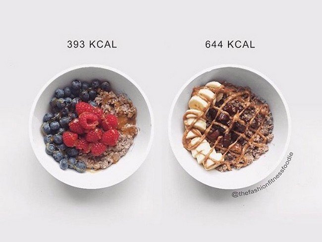 8. Все продукты в обоих чашках "здоровые". Но слева лесные ягоды и мед, а справа бананы, финики и арахисовое масло