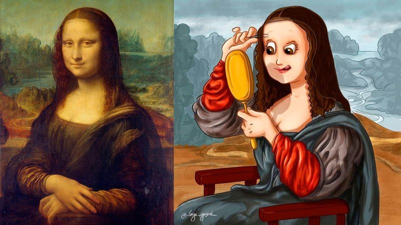 А это «Мона Лиза» Леонардо да Винчи. Джоконда совсем себя без бровей оставила, искусства ради.