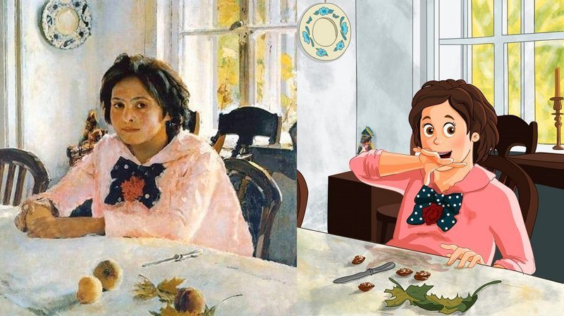Сейчас Леся Гусева часто рисует «закадровую» историю знаменитых картин. Вот, например, что продолжение сюжета картины Валентина Серова «Девочка с персиками».