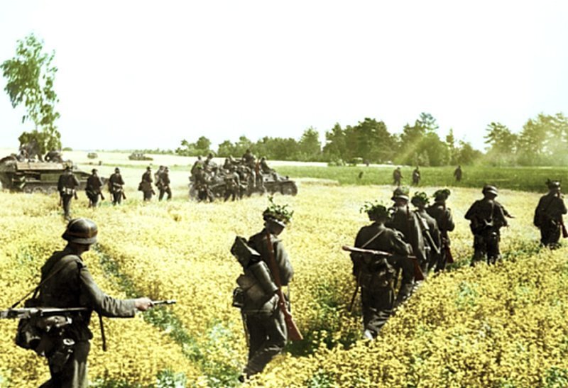 Немецкая пехота и механизированные войска пробираются через поля рапса на восточном фронте. 1941 год. 