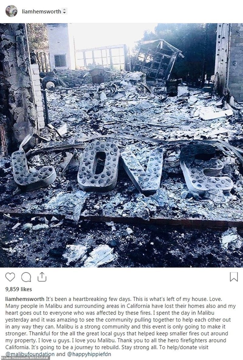 Лиам Хемсворт вернулся в свой особняк Малибу стоимостью 2,52 миллиона долларов в понедельник и поделился фотографией того, что осталось от его дома в Instagram*