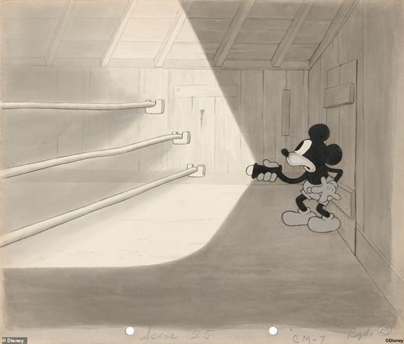 Кто это там? Микки изображен, держащим факел, в наброске к диснеевскому мультфильму 1930 г. "Тайна гориллы", где обезьяна убегает из зоопарка и похищает подругу Микки Минни Маус. После долгой погони Микки, наконец, поймал обезьяну