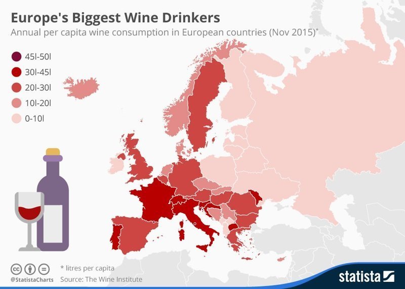 Карта потребления вина на душу населения в Европейских странах