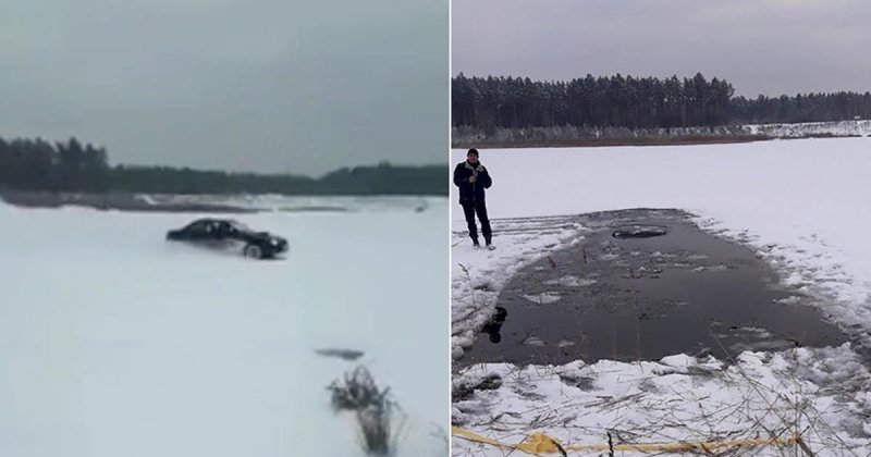 В Беларуси любитель зимнего дрифта утопил авто в озере