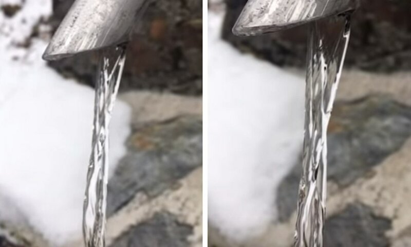 В сети появилось видео, на котором запечатлена замёрзшая вода, торчащая сосулькой из водопроводной трубы