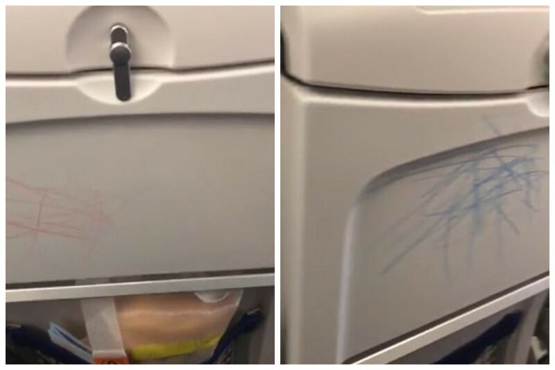 Ребенок разрисовал спинку кресел в самолете и мама ему в этом помогла