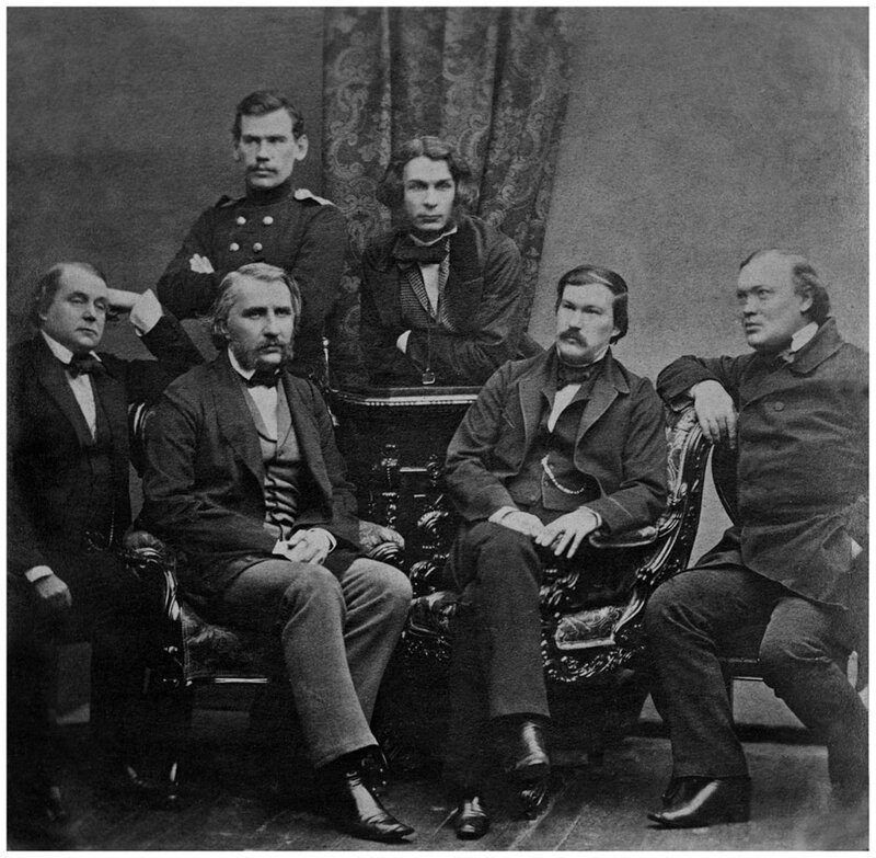 Лев Толстой в группе писателей журнала «Современник» (1856)