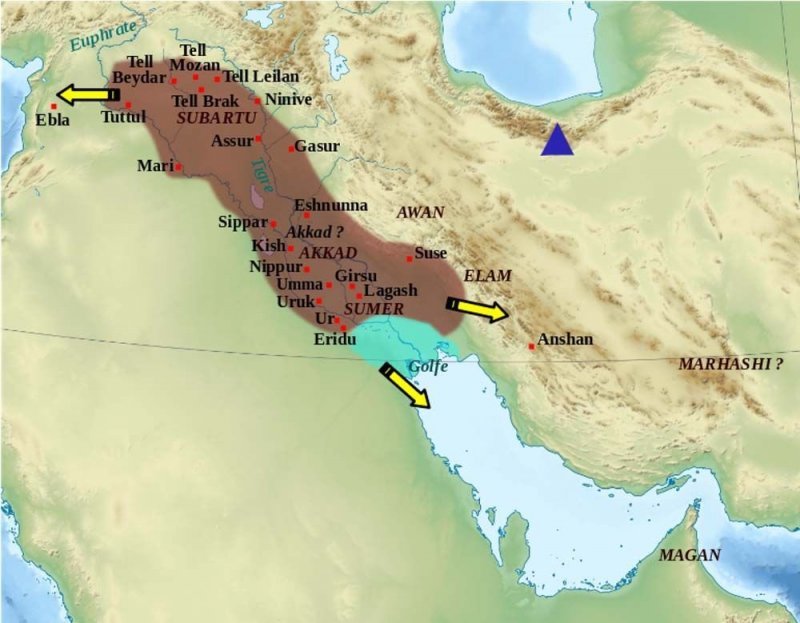 Аккадское царство в период наибольшего расцвета при Нарам-Суэне (2254-2218 гг. до н.э.). Гора Дамаванд обозначена карте синим треугольником