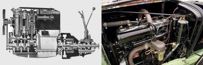 Шестицилиндровый ДВС Willys Knight 1928 года (слева) и его развитие — бесклапанный мотор родстера Willys Knight Great Six 1930 года (шесть цилиндров, объём 4180 см³, мощность 87 л.с.).