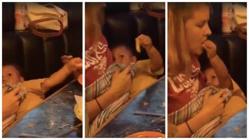 Видео: малыш угощает маму картошкой фри, пока она кормит его грудью