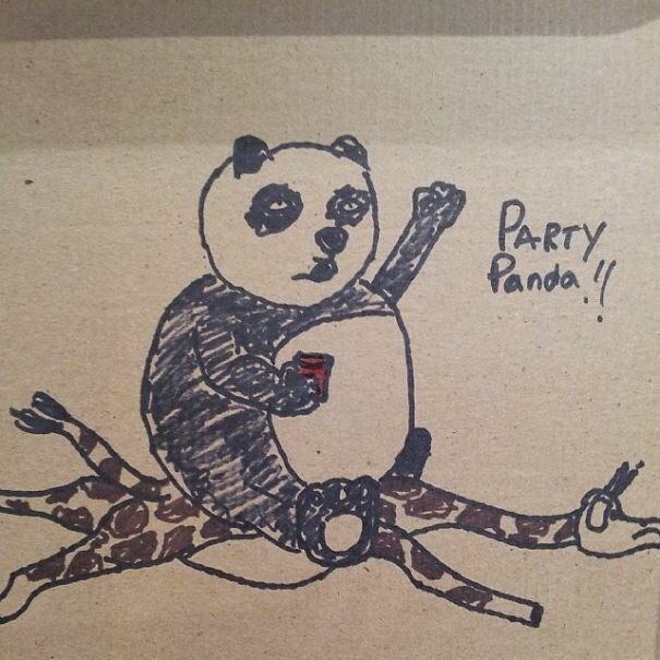 11. "Клиент заказал нарисовать панду с красным пластиковым стаканчиком верхом на жирафе"